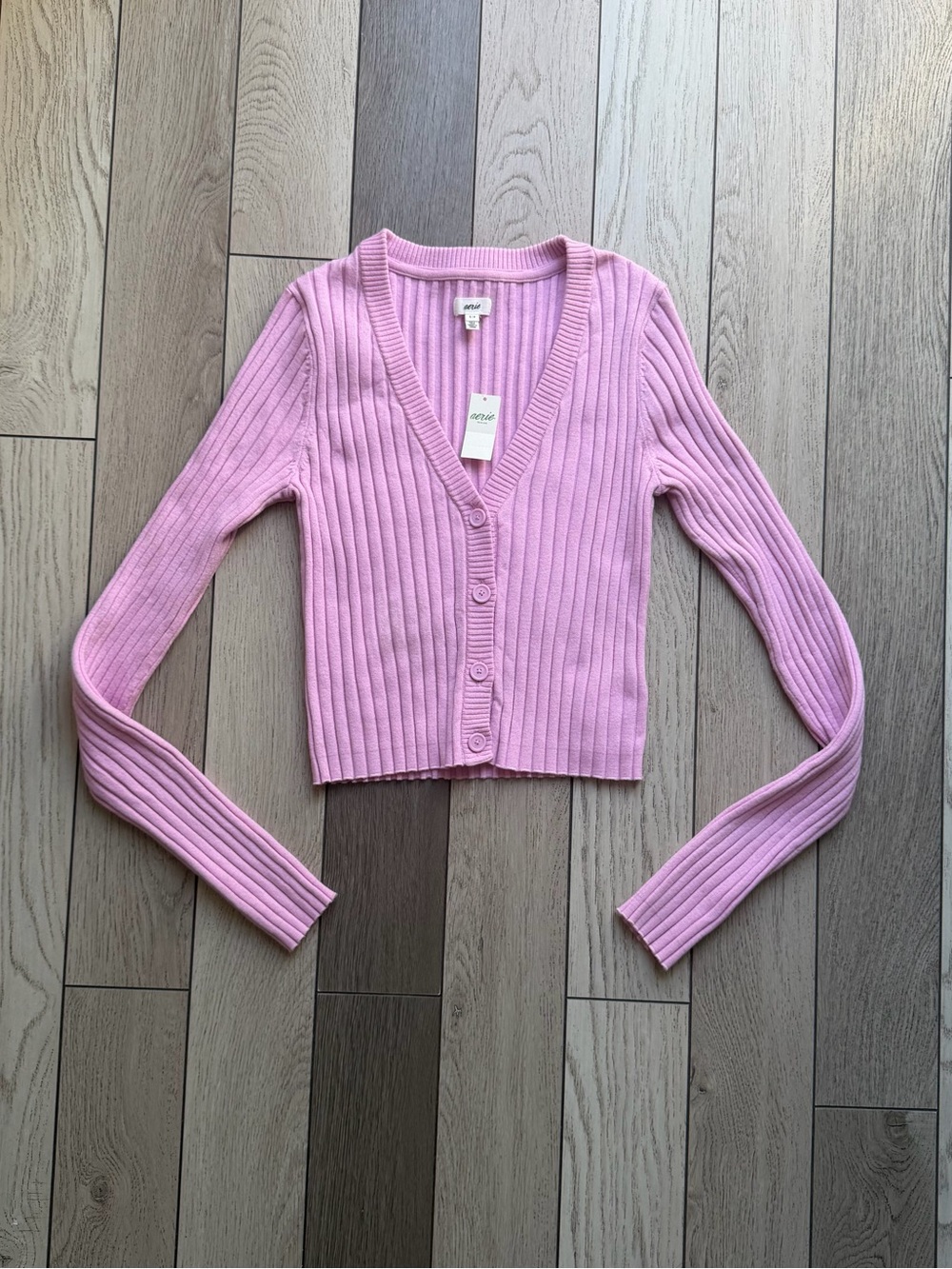 aerie Pink Ribbed V-Neck Button Cardigan